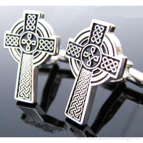 Brass Material Painted And Nickel Finish Engraved Cross Shape Cufflinks And Tie Clips For Souvenirs